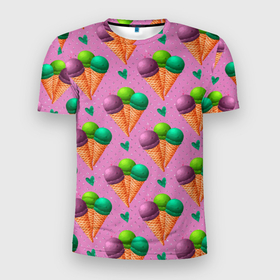Мужская футболка 3D Slim с принтом Мороженое шарики в Белгороде, 100% полиэстер с улучшенными характеристиками | приталенный силуэт, круглая горловина, широкие плечи, сужается к линии бедра | десерт | мороженое | радость | сладость | шоколад