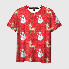 Мужская футболка 3D с принтом Снеговики и олени в Санкт-Петербурге, 100% полиэфир | прямой крой, круглый вырез горловины, длина до линии бедер | 2022 | новогодний | новый год | олени | праздник | рождество | снеговик
