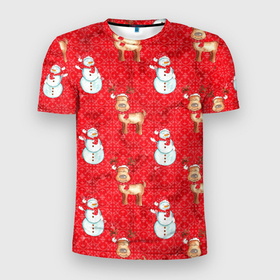 Мужская футболка 3D спортивная с принтом Снеговики и олени в Тюмени, 100% полиэстер с улучшенными характеристиками | приталенный силуэт, круглая горловина, широкие плечи, сужается к линии бедра | 2022 | новогодний | новый год | олени | праздник | рождество | снеговик
