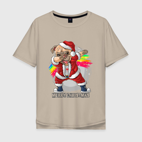 Мужская футболка хлопок Oversize с принтом Christmas Pug в Белгороде, 100% хлопок | свободный крой, круглый ворот, “спинка” длиннее передней части | Тематика изображения на принте: christmas | dab | dog | holiday | new year | pug | rainbow | santa | даб | мопс | новый год | праздник | радуга | рождество | санта | собака
