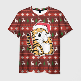 Мужская футболка 3D с принтом Рождественский удивленный тигр в Петрозаводске, 100% полиэфир | прямой крой, круглый вырез горловины, длина до линии бедер | 2022 | год тигра | новый год | новый год 2022 | символ года | тигр | тигренок | тигрица | тигры