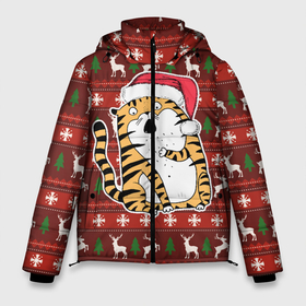Мужская зимняя куртка 3D с принтом Рождественский удивленный тигр в Курске, верх — 100% полиэстер; подкладка — 100% полиэстер; утеплитель — 100% полиэстер | длина ниже бедра, свободный силуэт Оверсайз. Есть воротник-стойка, отстегивающийся капюшон и ветрозащитная планка. 

Боковые карманы с листочкой на кнопках и внутренний карман на молнии. | 2022 | год тигра | новый год | новый год 2022 | символ года | тигр | тигренок | тигрица | тигры