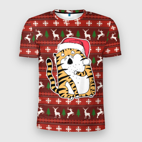 Мужская футболка 3D спортивная с принтом Рождественский удивленный тигр в Курске, 100% полиэстер с улучшенными характеристиками | приталенный силуэт, круглая горловина, широкие плечи, сужается к линии бедра | 2022 | год тигра | новый год | новый год 2022 | символ года | тигр | тигренок | тигрица | тигры