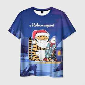 Мужская футболка 3D с принтом Тигр с огромной рыбой в Санкт-Петербурге, 100% полиэфир | прямой крой, круглый вырез горловины, длина до линии бедер | 2022 | год тигра | новый год | новый год 2022 | символ года | тигр | тигренок | тигрица | тигры