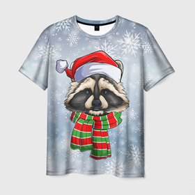 Мужская футболка 3D с принтом Новогодний Енот Санта в Курске, 100% полиэфир | прямой крой, круглый вырез горловины, длина до линии бедер | christmas | santa | дед мороз | енот | зима | новый год | рождество | санта | снег | снежинка