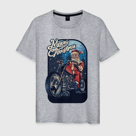 Мужская футболка хлопок с принтом Santa Biker в Санкт-Петербурге, 100% хлопок | прямой крой, круглый вырез горловины, длина до линии бедер, слегка спущенное плечо. | art | christmas | motorcycle | new year | santa biker | santa claus | santa on a motorcycle | арт | дед мороз | мотоцикл | новый год | рождество | санта байкер | санта клаус | санта на мотоцикле