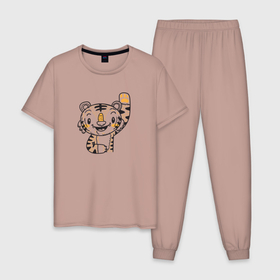Мужская пижама хлопок с принтом Тигренок машет лапкой в Екатеринбурге, 100% хлопок | брюки и футболка прямого кроя, без карманов, на брюках мягкая резинка на поясе и по низу штанин
 | tiger | восточный тигр | год тигра | для детей | кошка | лапка | тигр | тигренок