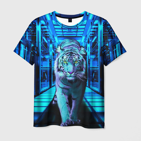 Мужская футболка 3D с принтом Крадущийся тигр в Белгороде, 100% полиэфир | прямой крой, круглый вырез горловины, длина до линии бедер | Тематика изображения на принте: животные | символ года | синий тигр | тигр | хищник
