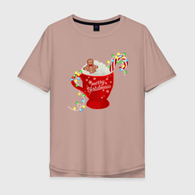 Мужская футболка хлопок Oversize с принтом Рождественский пряник в Тюмени, 100% хлопок | свободный крой, круглый ворот, “спинка” длиннее передней части | гирлянда | еда | кофе | кружка | новый год | праздник | пряник | рождество