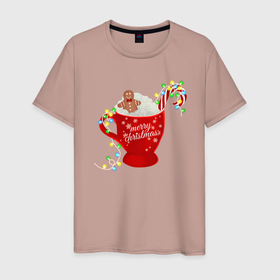Мужская футболка хлопок с принтом Рождественский пряник в Кировске, 100% хлопок | прямой крой, круглый вырез горловины, длина до линии бедер, слегка спущенное плечо. | гирлянда | еда | кофе | кружка | новый год | праздник | пряник | рождество