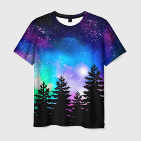 Мужская футболка 3D с принтом Космический лес, елки и звезды в Белгороде, 100% полиэфир | прямой крой, круглый вырез горловины, длина до линии бедер | Тематика изображения на принте: forest | galaxy | neon | neon space | night | space | stars | sunset | trees | вселенная | галактика | деревья | ёлка | елки | закат | звезды | звезды космос | космические краски | космос | красочный | лес | неон | неоновый космос