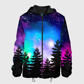 Мужская куртка 3D с принтом Космический лес, елки и звезды в Новосибирске, ткань верха — 100% полиэстер, подклад — флис | прямой крой, подол и капюшон оформлены резинкой с фиксаторами, два кармана без застежек по бокам, один большой потайной карман на груди. Карман на груди застегивается на липучку | forest | galaxy | neon | neon space | night | space | stars | sunset | trees | вселенная | галактика | деревья | ёлка | елки | закат | звезды | звезды космос | космические краски | космос | красочный | лес | неон | неоновый космос
