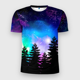 Мужская футболка 3D Slim с принтом Космический лес, елки и звезды в Тюмени, 100% полиэстер с улучшенными характеристиками | приталенный силуэт, круглая горловина, широкие плечи, сужается к линии бедра | Тематика изображения на принте: forest | galaxy | neon | neon space | night | space | stars | sunset | trees | вселенная | галактика | деревья | ёлка | елки | закат | звезды | звезды космос | космические краски | космос | красочный | лес | неон | неоновый космос