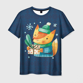 Мужская футболка 3D с принтом Лис подарок в узорах в Петрозаводске, 100% полиэфир | прямой крой, круглый вырез горловины, длина до линии бедер | вязанка | животное | лиса | подарок | узор