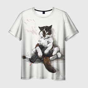 Мужская футболка 3D с принтом Котик с пистолетом на стене  мем в Екатеринбурге, 100% полиэфир | прямой крой, круглый вырез горловины, длина до линии бедер | cat | cats | mem | киса | кот | котенок | котик | котяра | котята | кошечка | кошка | мем | мемы | пистолет