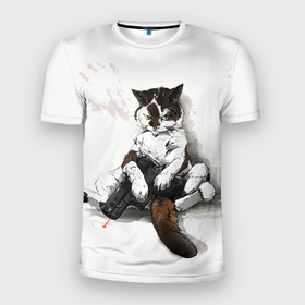 Мужская футболка 3D Slim с принтом Котик с пистолетом на стене  мем в Екатеринбурге, 100% полиэстер с улучшенными характеристиками | приталенный силуэт, круглая горловина, широкие плечи, сужается к линии бедра | cat | cats | mem | киса | кот | котенок | котик | котяра | котята | кошечка | кошка | мем | мемы | пистолет