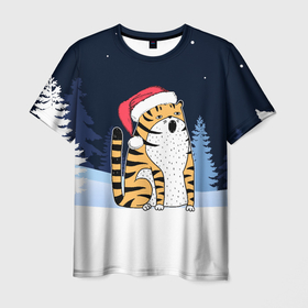Мужская футболка 3D с принтом Удивленный тигр 2022 в Петрозаводске, 100% полиэфир | прямой крой, круглый вырез горловины, длина до линии бедер | 2022 | год тигра | новый год | новый год 2022 | символ года | тигр | тигренок | тигрица | тигры
