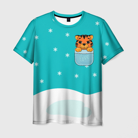Мужская футболка 3D с принтом Маленький тигренок в кармане в Екатеринбурге, 100% полиэфир | прямой крой, круглый вырез горловины, длина до линии бедер | Тематика изображения на принте: 2022 | год тигра | новый год | новый год 2022 | символ года | тигр | тигренок | тигрица | тигры