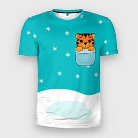 Мужская футболка 3D спортивная с принтом Маленький тигренок в кармане в Тюмени, 100% полиэстер с улучшенными характеристиками | приталенный силуэт, круглая горловина, широкие плечи, сужается к линии бедра | Тематика изображения на принте: 2022 | год тигра | новый год | новый год 2022 | символ года | тигр | тигренок | тигрица | тигры
