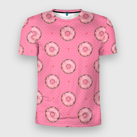 Мужская футболка 3D Slim с принтом Розовые пончики паттерн в Новосибирске, 100% полиэстер с улучшенными характеристиками | приталенный силуэт, круглая горловина, широкие плечи, сужается к линии бедра | выпечка | паттерн | пончик | пончики | сладость