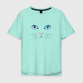 Мужская футболка хлопок Oversize с принтом белый кот 01 в Санкт-Петербурге, 100% хлопок | свободный крой, круглый ворот, “спинка” длиннее передней части | cat | киска | киттти | кот мот | котик мотик | коториус | котэ | кэт радистка