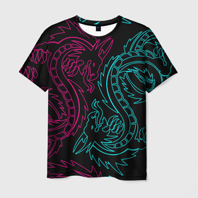 Мужская футболка 3D с принтом НЕОНОВЫЕ ДРАКОНЫ   NEON DRAGON , 100% полиэфир | прямой крой, круглый вырез горловины, длина до линии бедер | china | dragon | japan | neon | texture | драконы | китай | мифология | неон | неоновые драконы | текстура | япония