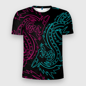 Мужская футболка 3D Slim с принтом НЕОНОВЫЕ ДРАКОНЫ   NEON DRAGON в Белгороде, 100% полиэстер с улучшенными характеристиками | приталенный силуэт, круглая горловина, широкие плечи, сужается к линии бедра | china | dragon | japan | neon | texture | драконы | китай | мифология | неон | неоновые драконы | текстура | япония
