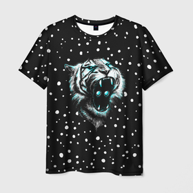 Мужская футболка 3D с принтом Личина Тигра , 100% полиэфир | прямой крой, круглый вырез горловины, длина до линии бедер | blue | christmas | eyes | face | glow | mask | muzzle | new | snow | symbol | tiger | winter | year | глаза | год | года | зима | лицо | личина | маска | нового | новый | рождество | свечение | символ | синее | снег | тигр | тигра