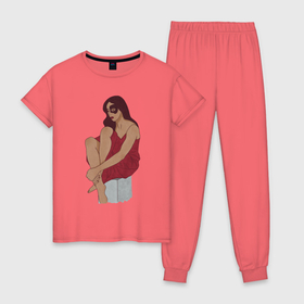 Женская пижама хлопок с принтом Девушка в красном в Новосибирске, 100% хлопок | брюки и футболка прямого кроя, без карманов, на брюках мягкая резинка на поясе и по низу штанин | fashion | девушка | мода | стиль