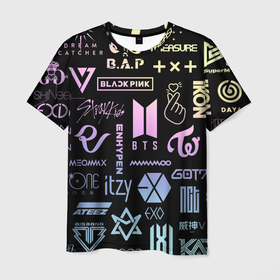 Мужская футболка 3D с принтом K pop лого исполнителей , 100% полиэфир | прямой крой, круглый вырез горловины, длина до линии бедер | Тематика изображения на принте: aespa | astro | bap | bigbang | blackpink | bts | enhypen | exo | got7 | ikon | itzy | korean pop | kpop | mamamoo | megamax | monsta x | nct | red velvet | seventeen | shinee | stray kids | superm | twice | txt | атееz | группы | кпоп | музыка