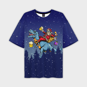Мужская футболка OVERSIZE 3D с принтом Санта Клаус на Пивозавре в Курске,  |  | christmas | santa | дед мороз | динозавр | елка | зима | новый год | подарок | рождество | санта | снег | снежинка