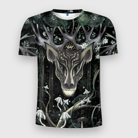 Мужская футболка 3D Slim с принтом Король олень в Екатеринбурге, 100% полиэстер с улучшенными характеристиками | приталенный силуэт, круглая горловина, широкие плечи, сужается к линии бедра | Тематика изображения на принте: лес | олень | рогатый | фэйри | фэнтази | эльфийский