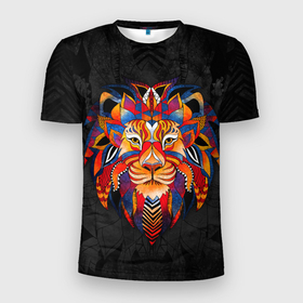 Мужская футболка 3D Slim с принтом CALM LION в Белгороде, 100% полиэстер с улучшенными характеристиками | приталенный силуэт, круглая горловина, широкие плечи, сужается к линии бедра | грива | злой лев | лев | леопард | царь зверей | цветной лев