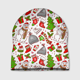 Шапка 3D с принтом Новый Год , 100% полиэстер | универсальный размер, печать по всей поверхности изделия | background | christmas | gifts | holiday | new year | pictures | skates | snowman | socks | tree | елка | коньки | новый год | носки | подарки | праздник | рисунки | рождество | снеговик | фон
