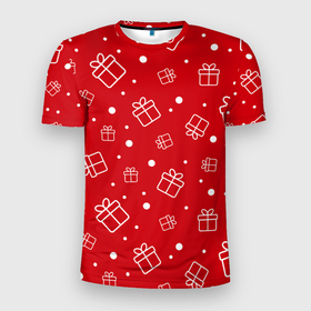 Мужская футболка 3D спортивная с принтом Новогодние подарки на красном фоне , 100% полиэстер с улучшенными характеристиками | приталенный силуэт, круглая горловина, широкие плечи, сужается к линии бедра | 2021 | 2022 | christmas | merry | merry christmas | new year | snow | sweater | ugly christmas | winter | year of the tiger | год тигра | зима | новогодний | новогодняя | новый год | рождественский | рождественский свитер | рождество | свитер | 