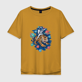 Мужская футболка хлопок Oversize с принтом Тигр и космонавт в Курске, 100% хлопок | свободный крой, круглый ворот, “спинка” длиннее передней части | tiger | астронавт | восточный тигр | год тигра | космонавт | космос | кошка | тигр | тигренок