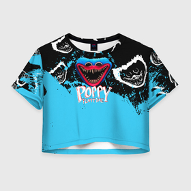 Женская футболка Crop-top 3D с принтом Монстр Хагги Вагги из игры Poppy Playtime в Екатеринбурге, 100% полиэстер | круглая горловина, длина футболки до линии талии, рукава с отворотами | Тематика изображения на принте: 