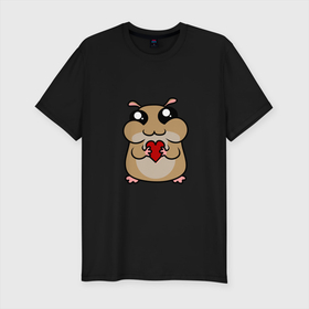 Мужская футболка хлопок Slim с принтом Влюбленный хомячок в Петрозаводске, 92% хлопок, 8% лайкра | приталенный силуэт, круглый вырез ворота, длина до линии бедра, короткий рукав | любовь | мышь | сердце | хома | хомяк