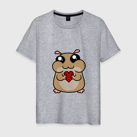 Мужская футболка хлопок с принтом Влюбленный хомячок в Тюмени, 100% хлопок | прямой крой, круглый вырез горловины, длина до линии бедер, слегка спущенное плечо. | любовь | мышь | сердце | хома | хомяк