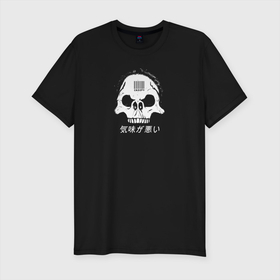 Мужская футболка хлопок Slim с принтом Creepy   иероглифы в Екатеринбурге, 92% хлопок, 8% лайкра | приталенный силуэт, круглый вырез ворота, длина до линии бедра, короткий рукав | death | monster | skull | монстр | скелет | страшный | хоррор | череп