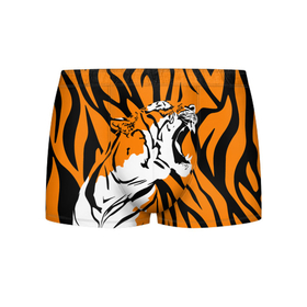 Мужские трусы 3D с принтом Тигровый окрас в Петрозаводске, 50% хлопок, 50% полиэстер | классическая посадка, на поясе мягкая тканевая резинка | Тематика изображения на принте: 2022 | aggressive | brindle color | fangs | in profile | new year | open mouth | predator | tiger | year of the tiger | агрессивный | в профиль | год тигра | клыки | новый год | открытая пасть | тигр | тигровый окрас | хищник