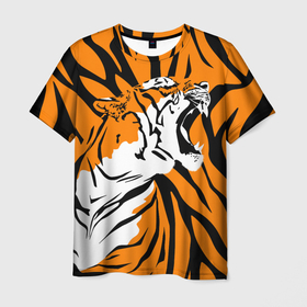 Мужская футболка 3D с принтом Тигровый окрас , 100% полиэфир | прямой крой, круглый вырез горловины, длина до линии бедер | Тематика изображения на принте: 2022 | aggressive | brindle color | fangs | in profile | new year | open mouth | predator | tiger | year of the tiger | агрессивный | в профиль | год тигра | клыки | новый год | открытая пасть | тигр | тигровый окрас | хищник
