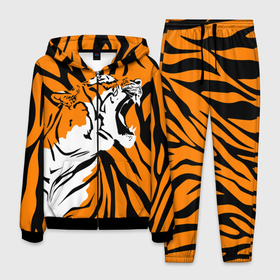 Мужской костюм 3D с принтом Тигровый окрас в Тюмени, 100% полиэстер | Манжеты и пояс оформлены тканевой резинкой, двухслойный капюшон со шнурком для регулировки, карманы спереди | 2022 | aggressive | brindle color | fangs | in profile | new year | open mouth | predator | tiger | year of the tiger | агрессивный | в профиль | год тигра | клыки | новый год | открытая пасть | тигр | тигровый окрас | хищник
