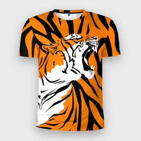 Мужская футболка 3D спортивная с принтом Тигровый окрас в Санкт-Петербурге, 100% полиэстер с улучшенными характеристиками | приталенный силуэт, круглая горловина, широкие плечи, сужается к линии бедра | 2022 | aggressive | brindle color | fangs | in profile | new year | open mouth | predator | tiger | year of the tiger | агрессивный | в профиль | год тигра | клыки | новый год | открытая пасть | тигр | тигровый окрас | хищник