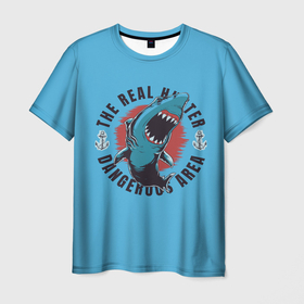 Мужская футболка 3D с принтом Опасная Зона (Dangerous Area) , 100% полиэфир | прямой крой, круглый вырез горловины, длина до линии бедер | fish | ocean | predator | shark | white shark | акула | белая акула | зубы | море | морской хищник | океан | рыба | хищная рыба | хищник