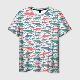 Мужская футболка 3D с принтом Разноцветные Акулы в Белгороде, 100% полиэфир | прямой крой, круглый вырез горловины, длина до линии бедер | fish | ocean | predator | shark | white shark | акула | белая акула | зубы | море | морской хищник | океан | рыба | хищная рыба | хищник