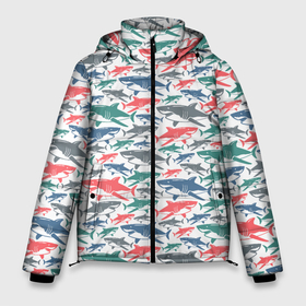 Мужская зимняя куртка 3D с принтом Разноцветные Акулы в Новосибирске, верх — 100% полиэстер; подкладка — 100% полиэстер; утеплитель — 100% полиэстер | длина ниже бедра, свободный силуэт Оверсайз. Есть воротник-стойка, отстегивающийся капюшон и ветрозащитная планка. 

Боковые карманы с листочкой на кнопках и внутренний карман на молнии. | fish | ocean | predator | shark | white shark | акула | белая акула | зубы | море | морской хищник | океан | рыба | хищная рыба | хищник