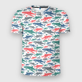 Мужская футболка 3D Slim с принтом Разноцветные Акулы в Тюмени, 100% полиэстер с улучшенными характеристиками | приталенный силуэт, круглая горловина, широкие плечи, сужается к линии бедра | Тематика изображения на принте: fish | ocean | predator | shark | white shark | акула | белая акула | зубы | море | морской хищник | океан | рыба | хищная рыба | хищник
