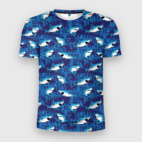 Мужская футболка 3D Slim с принтом Акулы (SURF) в Тюмени, 100% полиэстер с улучшенными характеристиками | приталенный силуэт, круглая горловина, широкие плечи, сужается к линии бедра | Тематика изображения на принте: fish | ocean | predator | shark | surf | white shark | акула | белая акула | зубы | море | морской хищник | океан | рыба | сёрфинг | хищная рыба | хищник