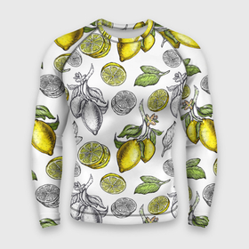 Мужской рашгард 3D с принтом Лимонный паттерн в Тюмени,  |  | белый фон | лимон | рисованые | скетч | стильные | фрукты